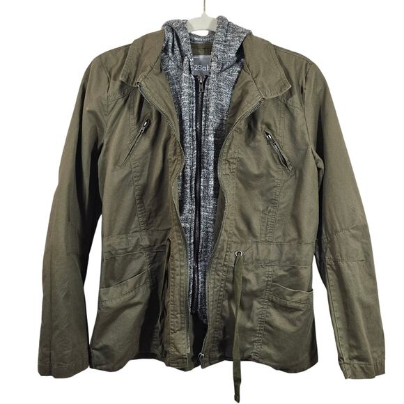 M 2Sable Womens Olive Green Gray Hoodie Layered Look Jacket Size S Utility Cargo - Picture 1 of 9